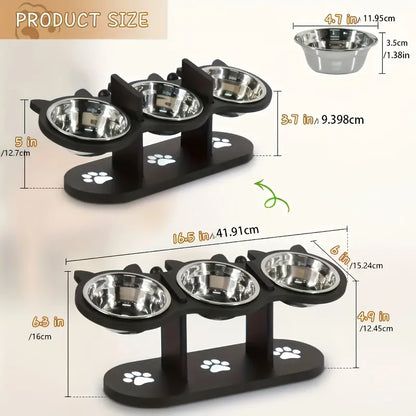 3-Tier Elevated Cat Bowl with Support Stands Wood & Stainless Steel Adjustable 15-Degree Angle Stand Slanted Pet Food Bowl
