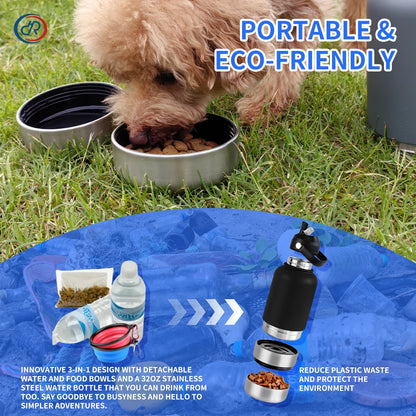 32Oz Portable 3 in 1 Pet Water Bottle Stainless Steel Pet Insulated Feeder Travel Outdoor 34Oz Pet Bowl Dog Food Cup