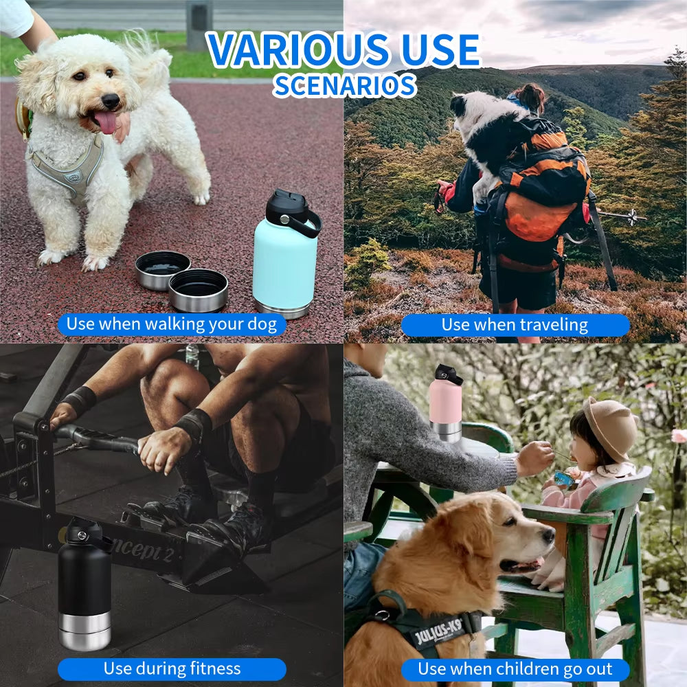 32Oz Portable 3 in 1 Pet Water Bottle Stainless Steel Pet Insulated Feeder Travel Outdoor 34Oz Pet Bowl Dog Food Cup