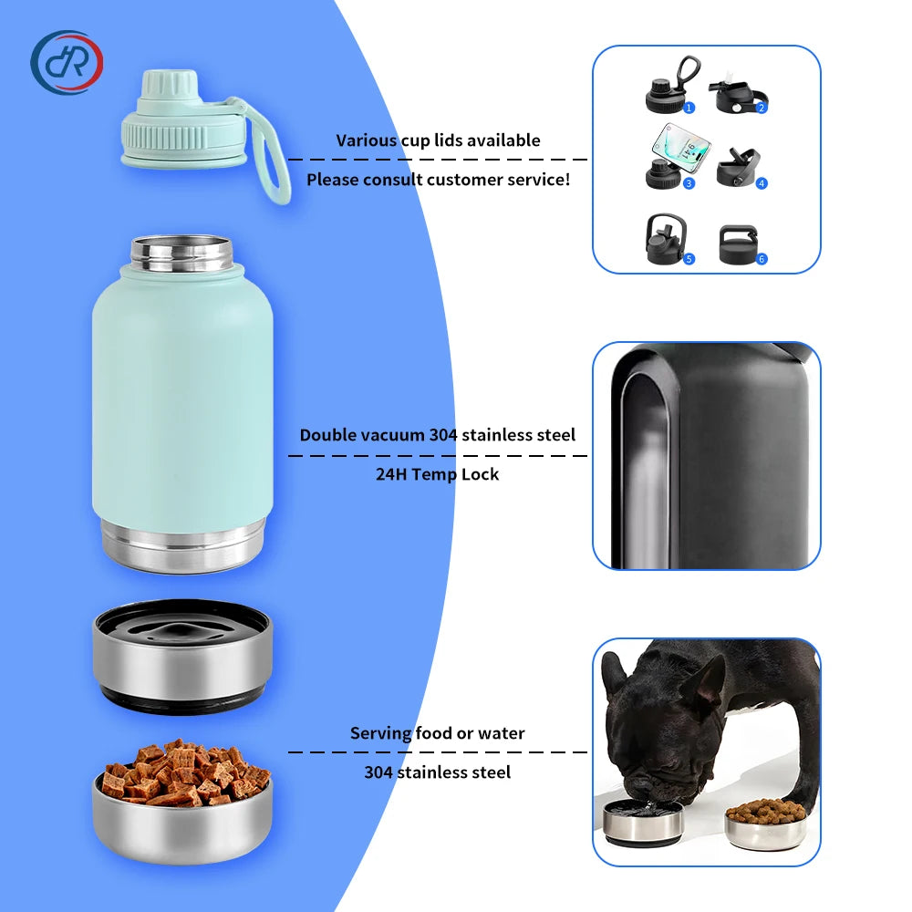 32Oz Portable 3 in 1 Pet Water Bottle Stainless Steel Pet Insulated Feeder Travel Outdoor 34Oz Pet Bowl Dog Food Cup