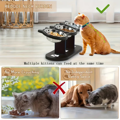 3-Tier Elevated Cat Bowl with Support Stands Wood & Stainless Steel Adjustable 15-Degree Angle Stand Slanted Pet Food Bowl