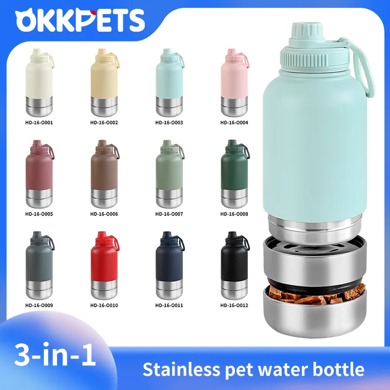 32Oz Portable 3 in 1 Pet Water Bottle Stainless Steel Pet Insulated Feeder Travel Outdoor 34Oz Pet Bowl Dog Food Cup