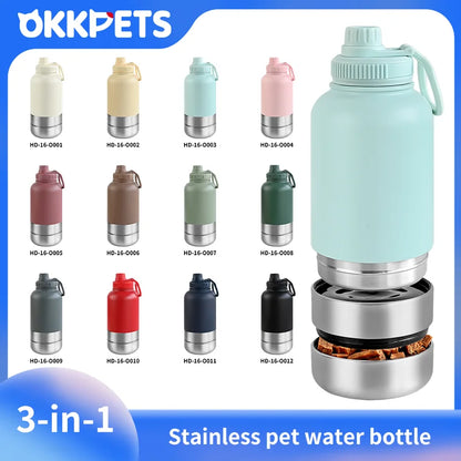 32Oz Portable 3 in 1 Pet Water Bottle Stainless Steel Pet Insulated Feeder Travel Outdoor 34Oz Pet Bowl Dog Food Cup