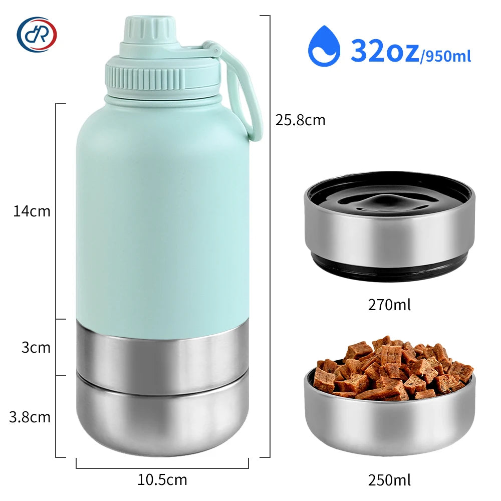 32Oz Portable 3 in 1 Pet Water Bottle Stainless Steel Pet Insulated Feeder Travel Outdoor 34Oz Pet Bowl Dog Food Cup