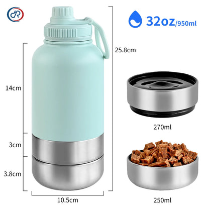 32Oz Portable 3 in 1 Pet Water Bottle Stainless Steel Pet Insulated Feeder Travel Outdoor 34Oz Pet Bowl Dog Food Cup