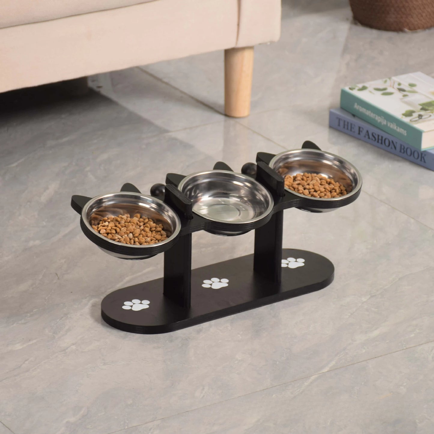 3-Tier Elevated Cat Bowl with Support Stands Wood & Stainless Steel Adjustable 15-Degree Angle Stand Slanted Pet Food Bowl