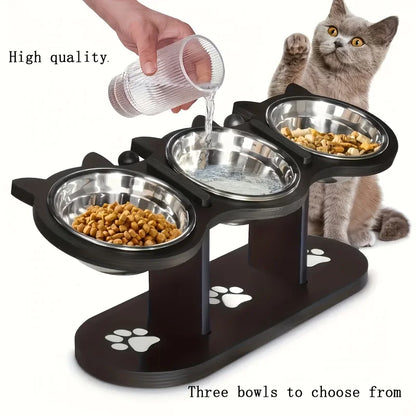 3-Tier Elevated Cat Bowl with Support Stands Wood & Stainless Steel Adjustable 15-Degree Angle Stand Slanted Pet Food Bowl